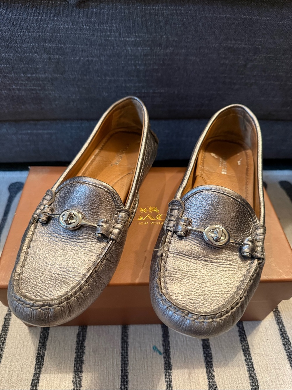Coach Metallic Silver Leather Turnlock Loafers - Arlene Metallic Tumbled